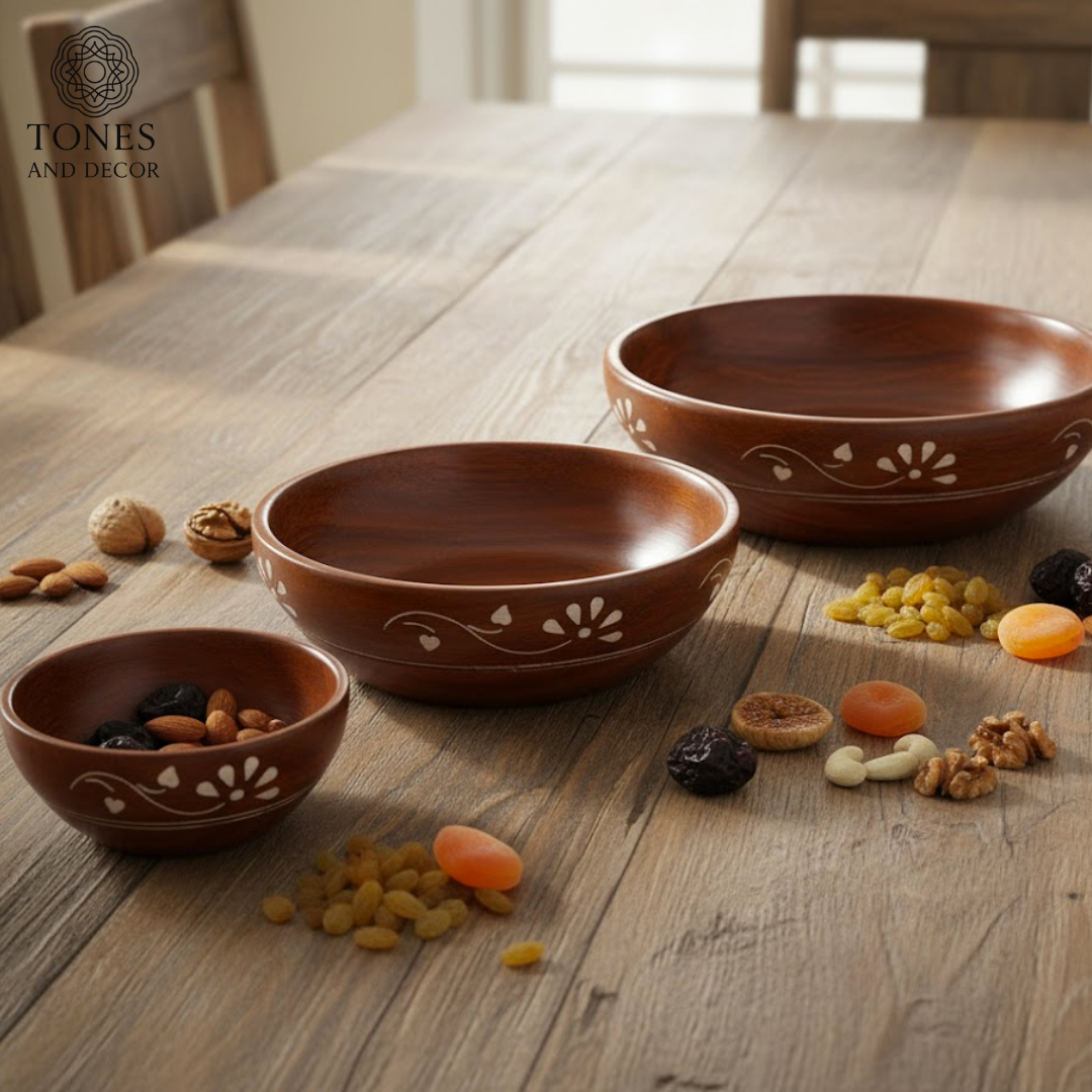 Handcrafted Sheesham Wood Serving Bowl Set – Floral Inlay Design (Set of 3)