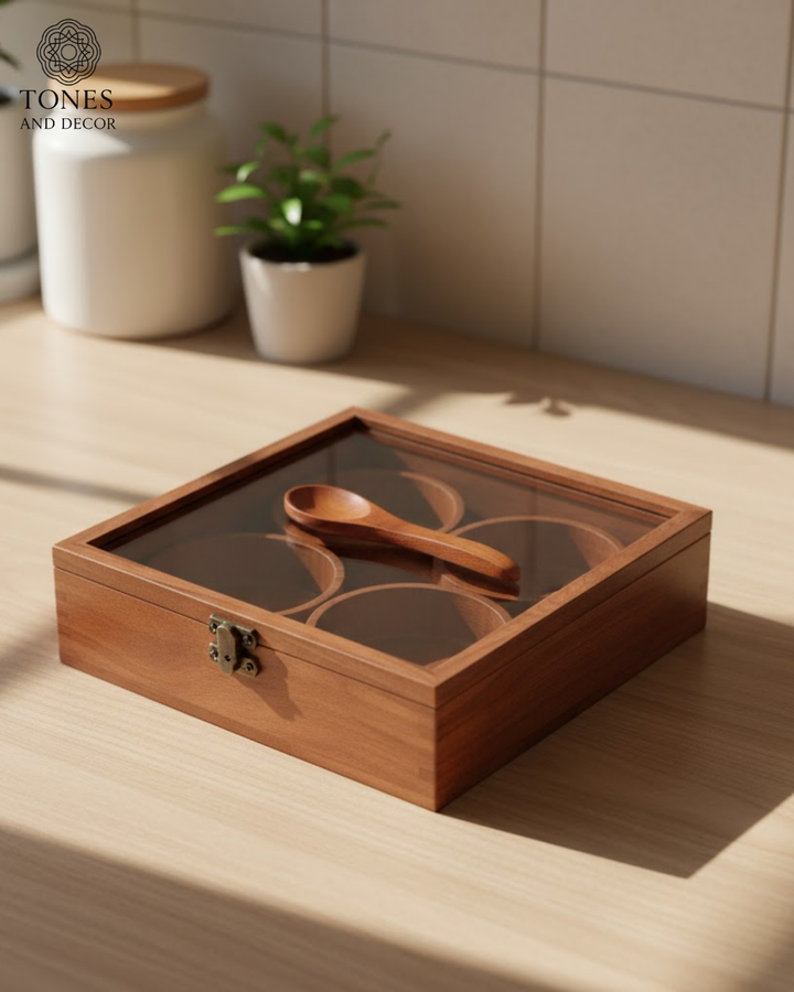 Premium Wooden Spice Box with 4 Round Detachable Containers & Spoon