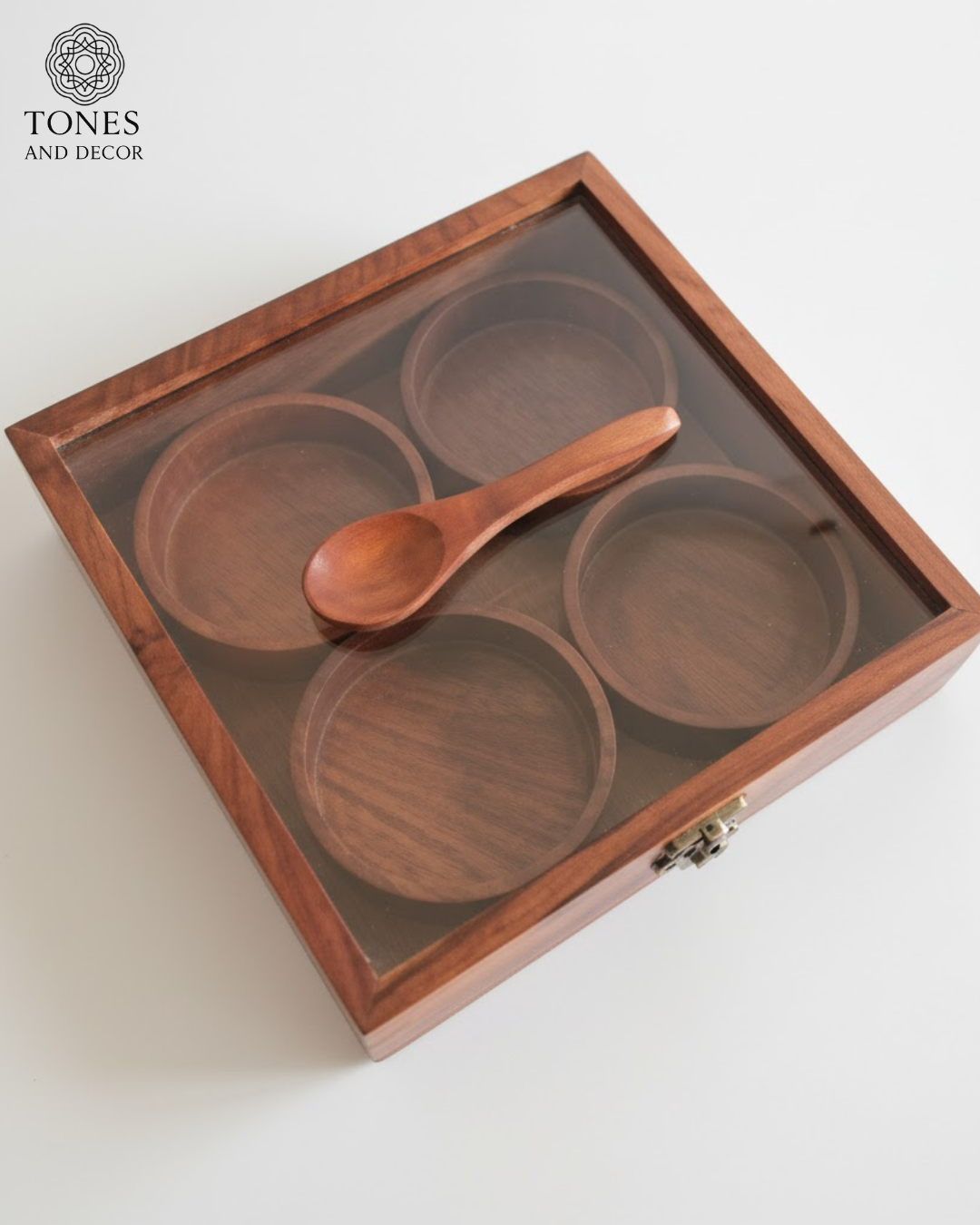 Premium Wooden Spice Box with 4 Round Detachable Containers & Spoon