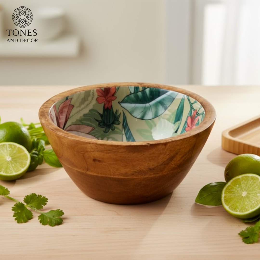 9.5-Inch Mango Wood Bowl with Floral Ceramic Interior – Handcrafted | Food-Safe & Eco-Friendly