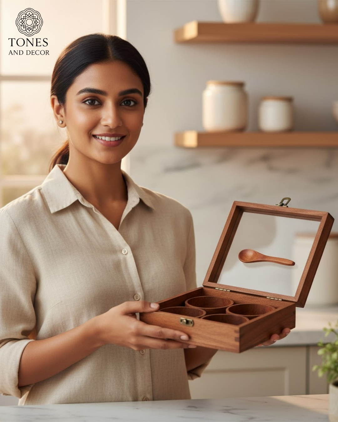 Premium Wooden Spice Box with 4 Round Detachable Containers & Spoon
