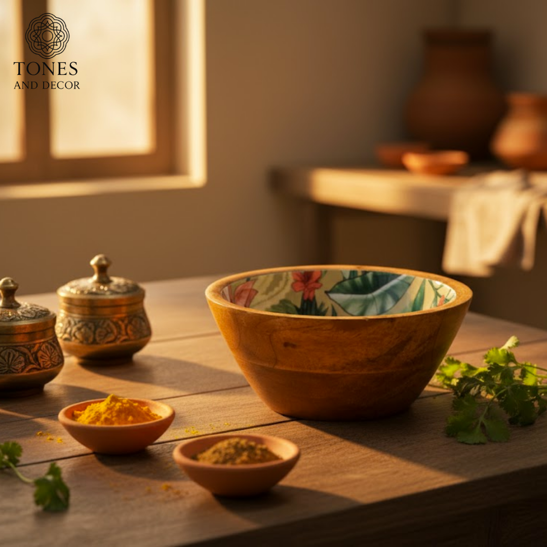 9.5-Inch Mango Wood Bowl with Floral Ceramic Interior – Handcrafted | Food-Safe & Eco-Friendly