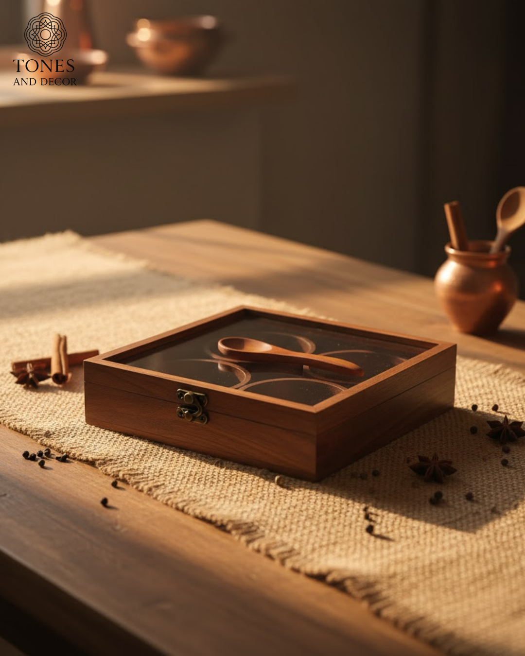 Premium Wooden Spice Box with 4 Round Detachable Containers & Spoon
