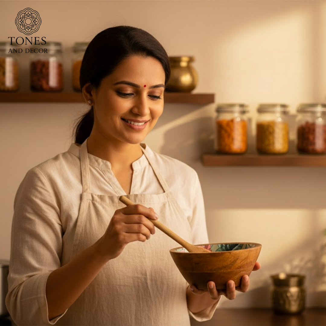 9.5-Inch Mango Wood Bowl with Floral Ceramic Interior – Handcrafted | Food-Safe & Eco-Friendly