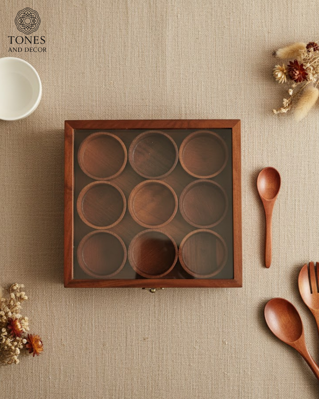 Premium Wooden Spice Box with 9 Round Detachable Containers & Spoon