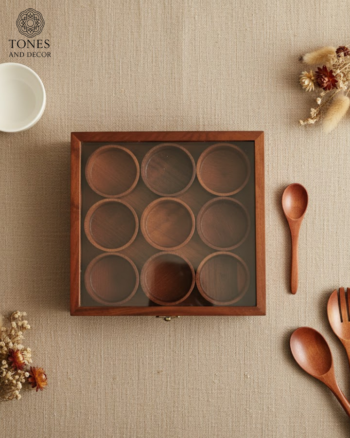 Premium Wooden Spice Box with 9 Round Detachable Containers & Spoon
