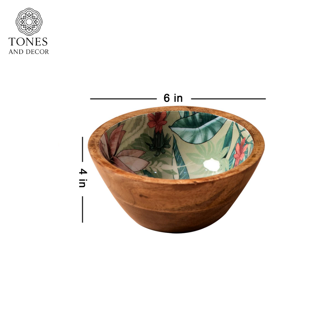 9.5-Inch Mango Wood Bowl with Floral Ceramic Interior – Handcrafted | Food-Safe & Eco-Friendly