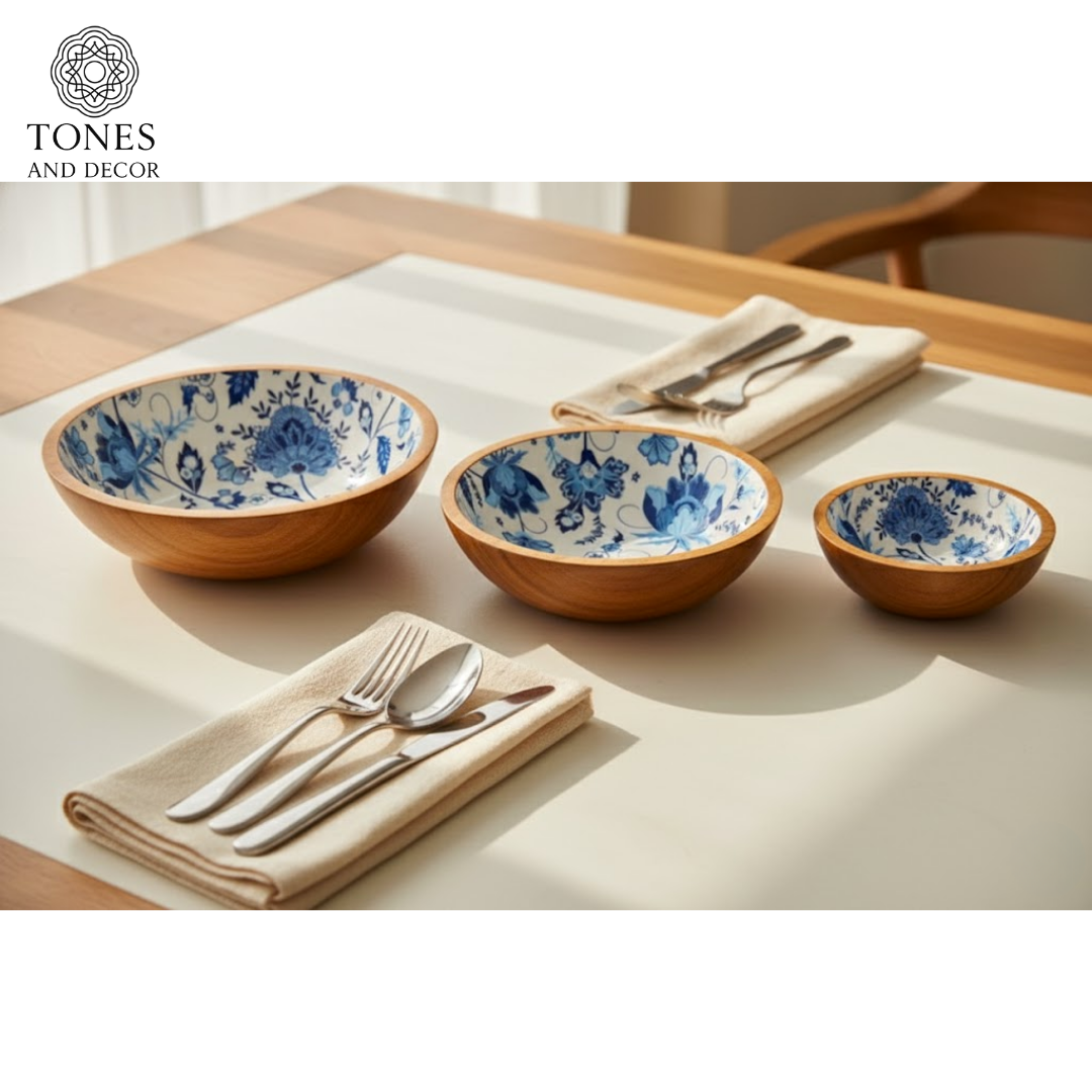 Handcrafted Blue Floral Ceramic Inlay Mango Wood Bowl Set (8”, 7”, 6”) | Food-Safe & Decorative Serving Bowls
