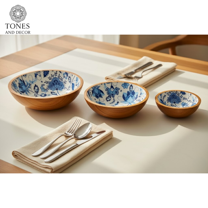 Handcrafted Blue Floral Ceramic Inlay Mango Wood Bowl Set (8”, 7”, 6”) | Food-Safe & Decorative Serving Bowls