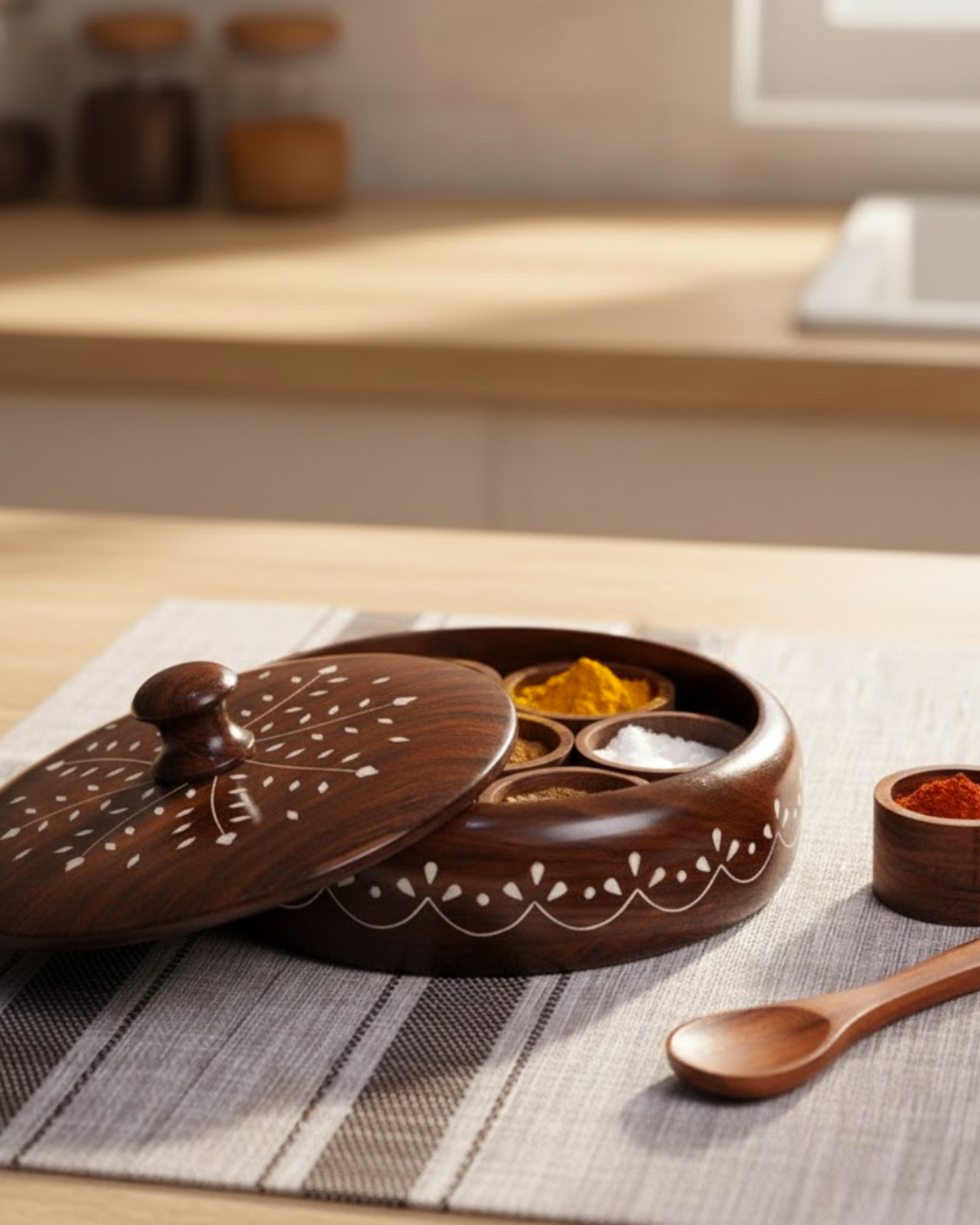 Round Wooden Spice Box with  Detachable Containers & Spoon
