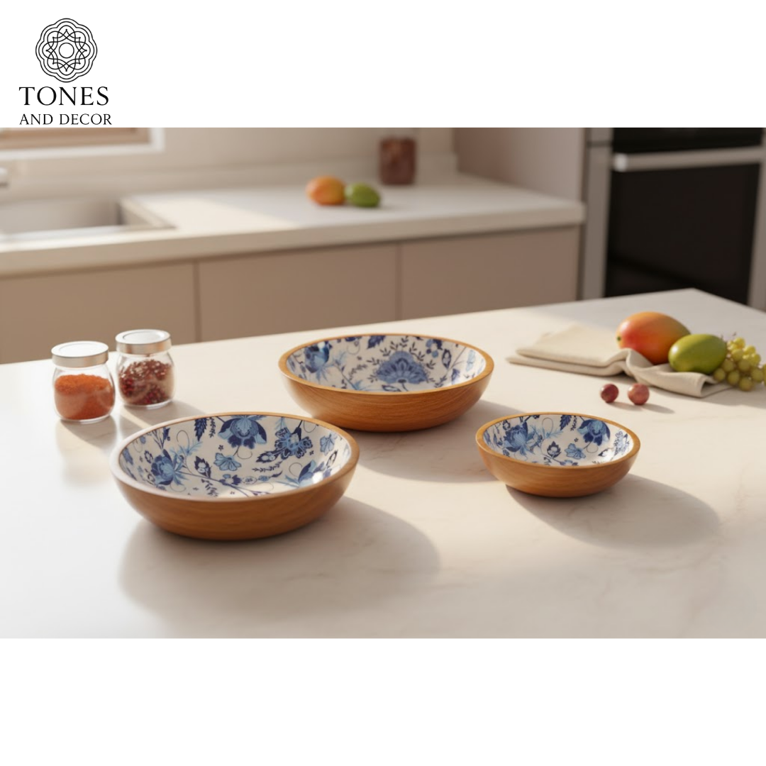 Handcrafted Blue Floral Ceramic Inlay Mango Wood Bowl Set (8”, 7”, 6”) | Food-Safe & Decorative Serving Bowls