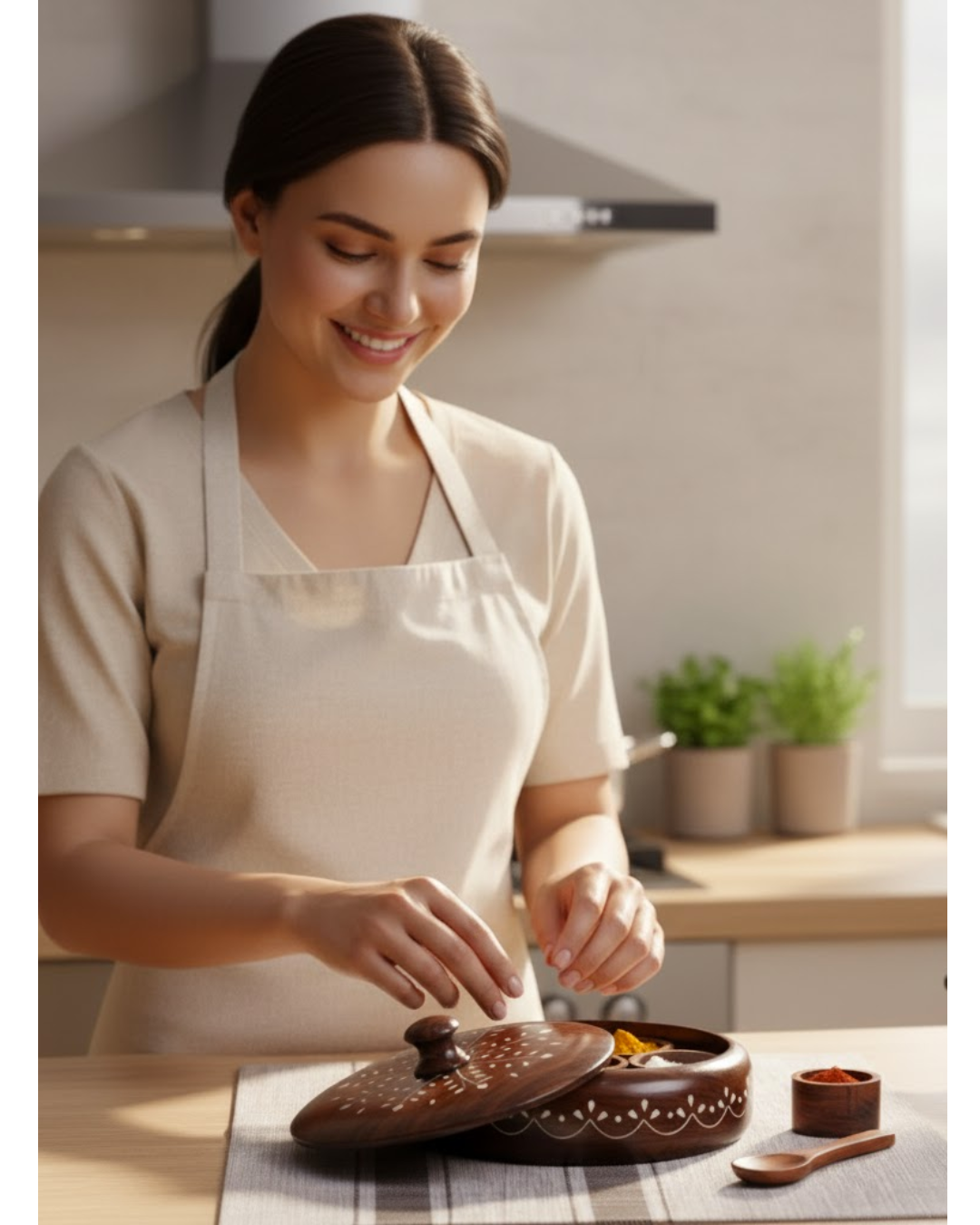 Round Wooden Spice Box with  Detachable Containers & Spoon