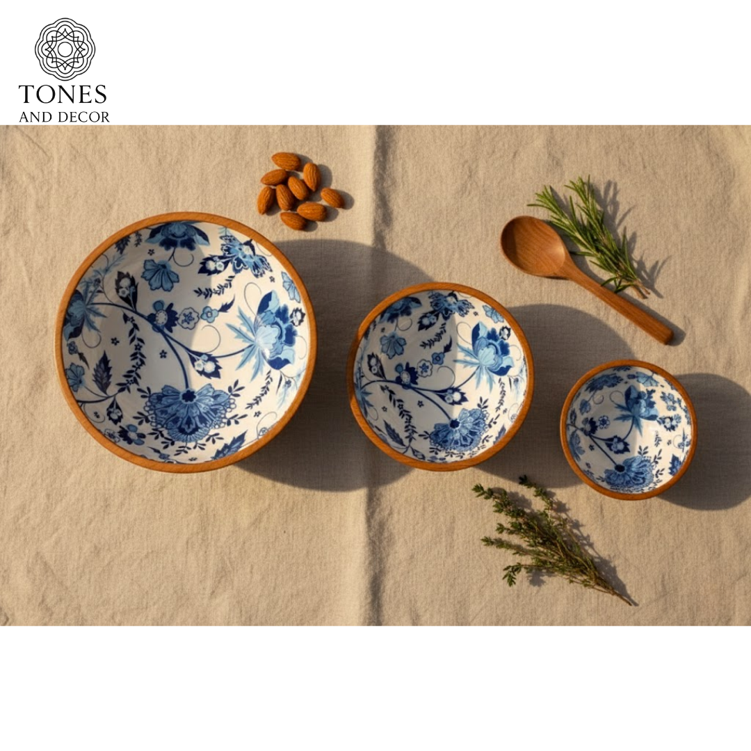 Handcrafted Blue Floral Ceramic Inlay Mango Wood Bowl Set (8”, 7”, 6”) | Food-Safe & Decorative Serving Bowls