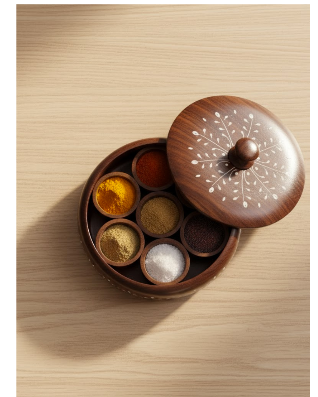 Round Wooden Spice Box with  Detachable Containers & Spoon