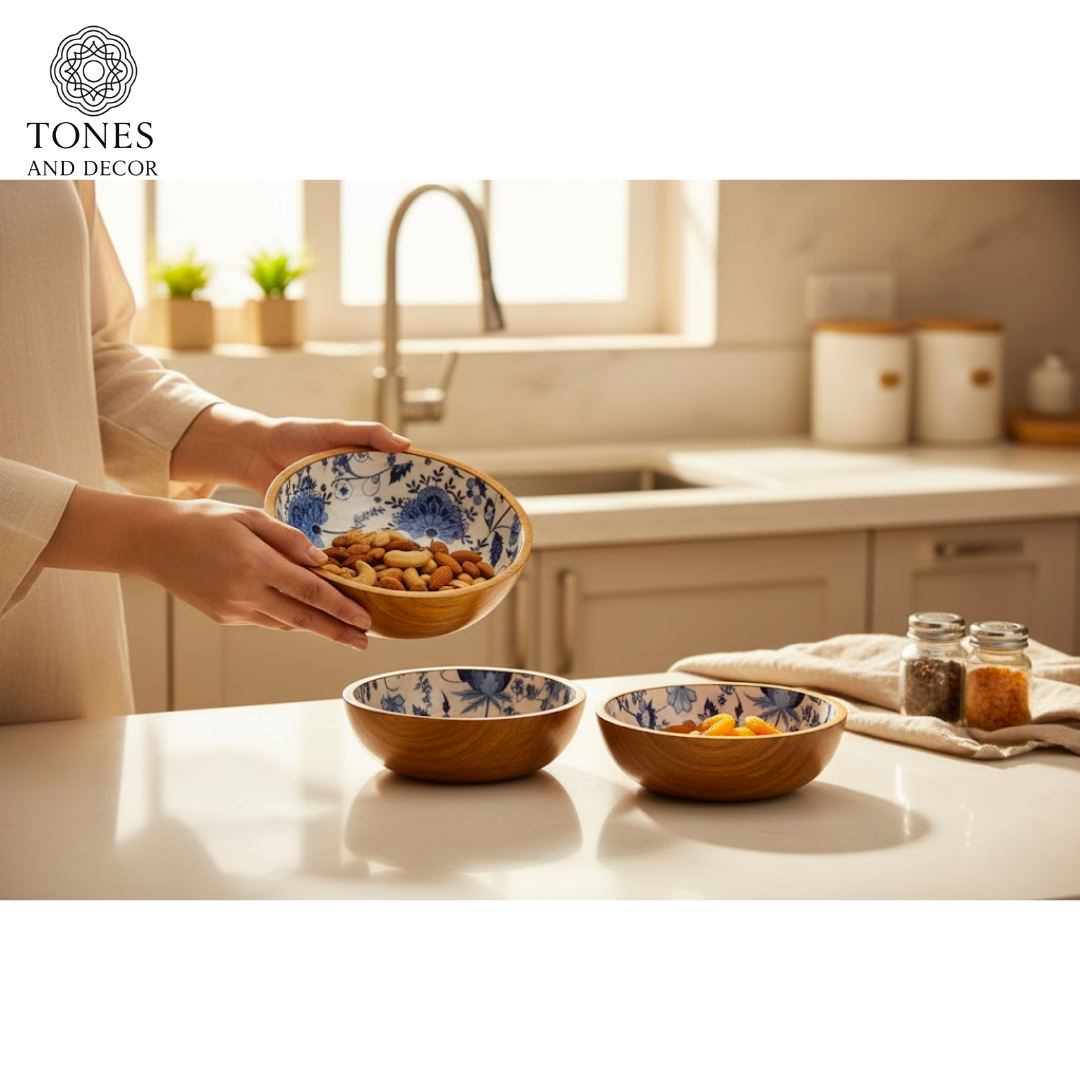 Handcrafted Blue Floral Ceramic Inlay Mango Wood Bowl Set (8”, 7”, 6”) | Food-Safe & Decorative Serving Bowls