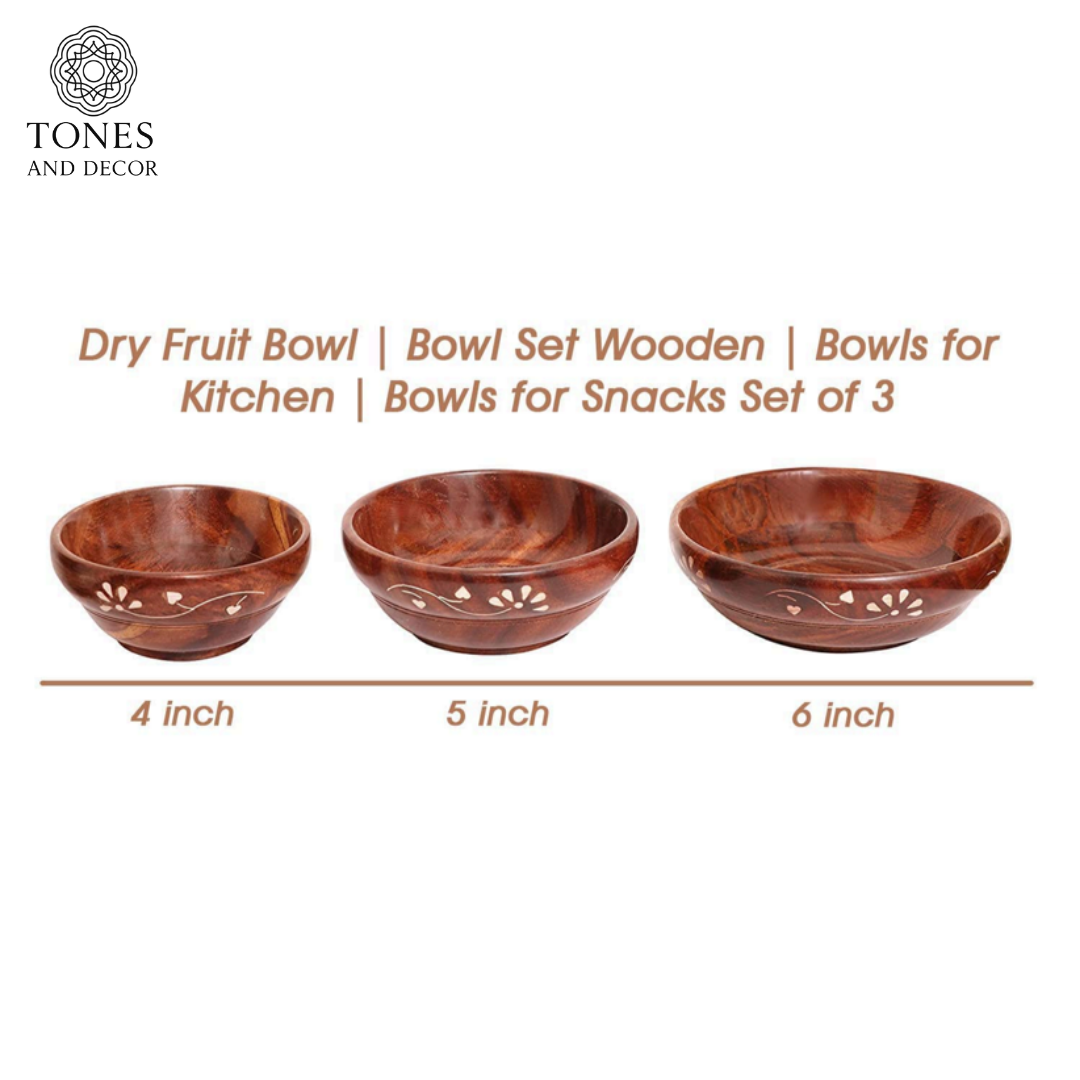Handcrafted Sheesham Wood Serving Bowl Set – Floral Inlay Design (Set of 3)