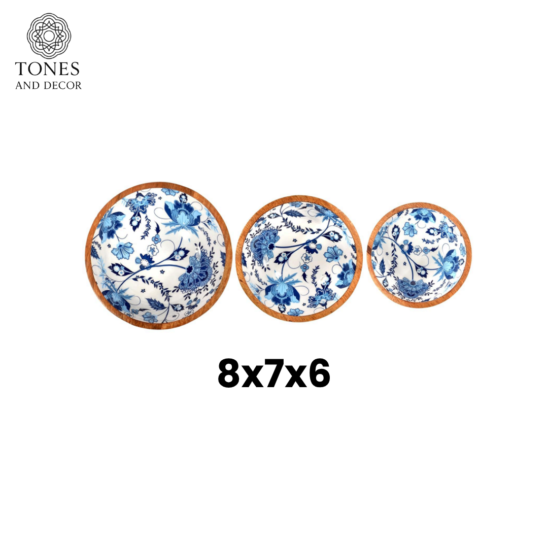 Handcrafted Blue Floral Ceramic Inlay Mango Wood Bowl Set (8”, 7”, 6”) | Food-Safe & Decorative Serving Bowls