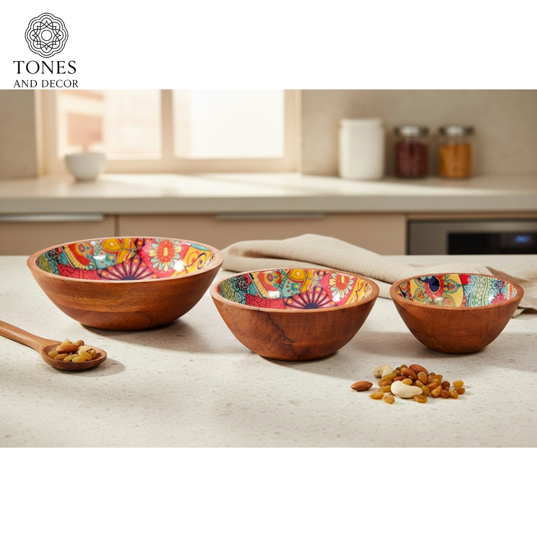 Handcrafted Mango Wood Bowl Set with Multicolor Mosaic Ceramic Inlay (8”, 7”, 6”) | Food-Safe & Decorative