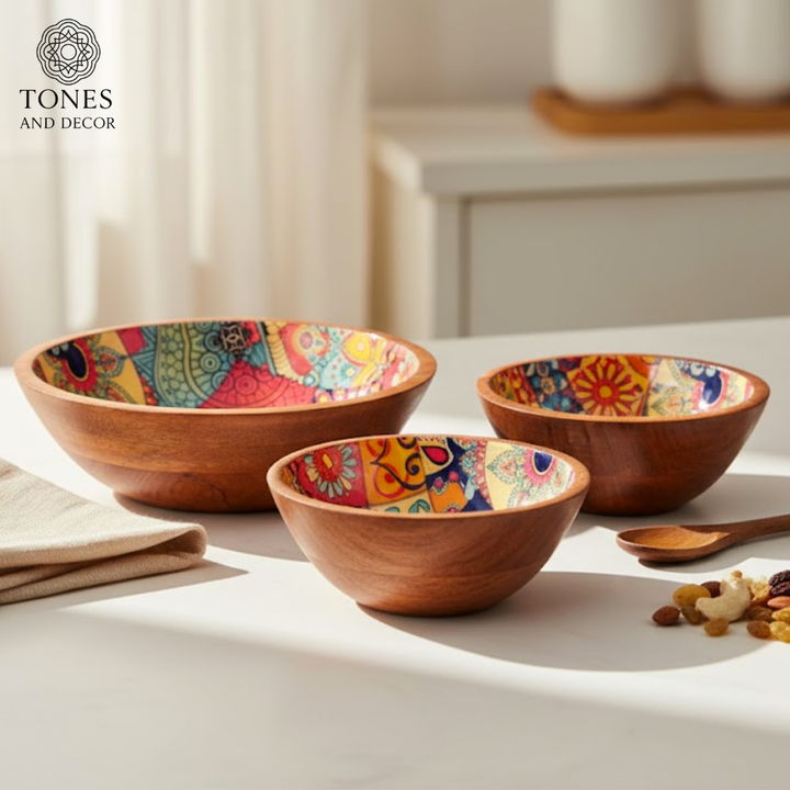 Handcrafted Mango Wood Bowl Set with Multicolor Mosaic Ceramic Inlay (8”, 7”, 6”) | Food-Safe & Decorative