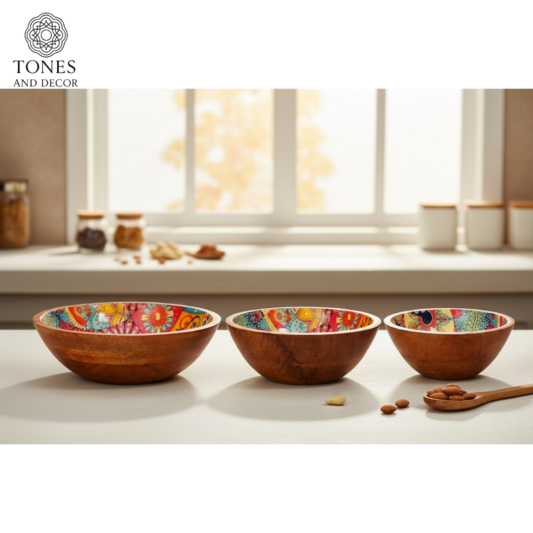 Handcrafted Mango Wood Bowl Set with Multicolor Mosaic Ceramic Inlay (8”, 7”, 6”) | Food-Safe & Decorative