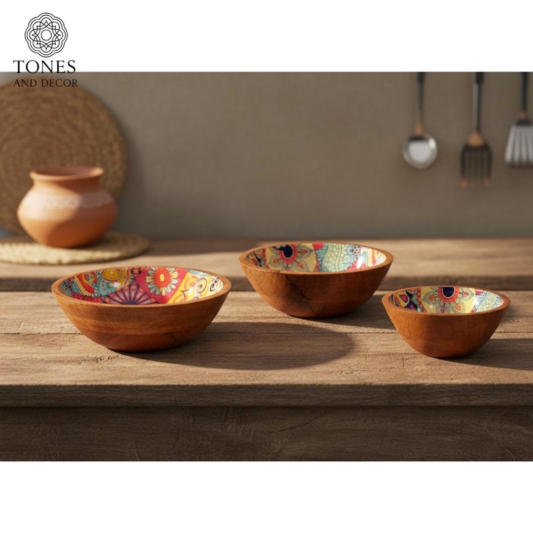 Handcrafted Mango Wood Bowl Set with Multicolor Mosaic Ceramic Inlay (8”, 7”, 6”) | Food-Safe & Decorative