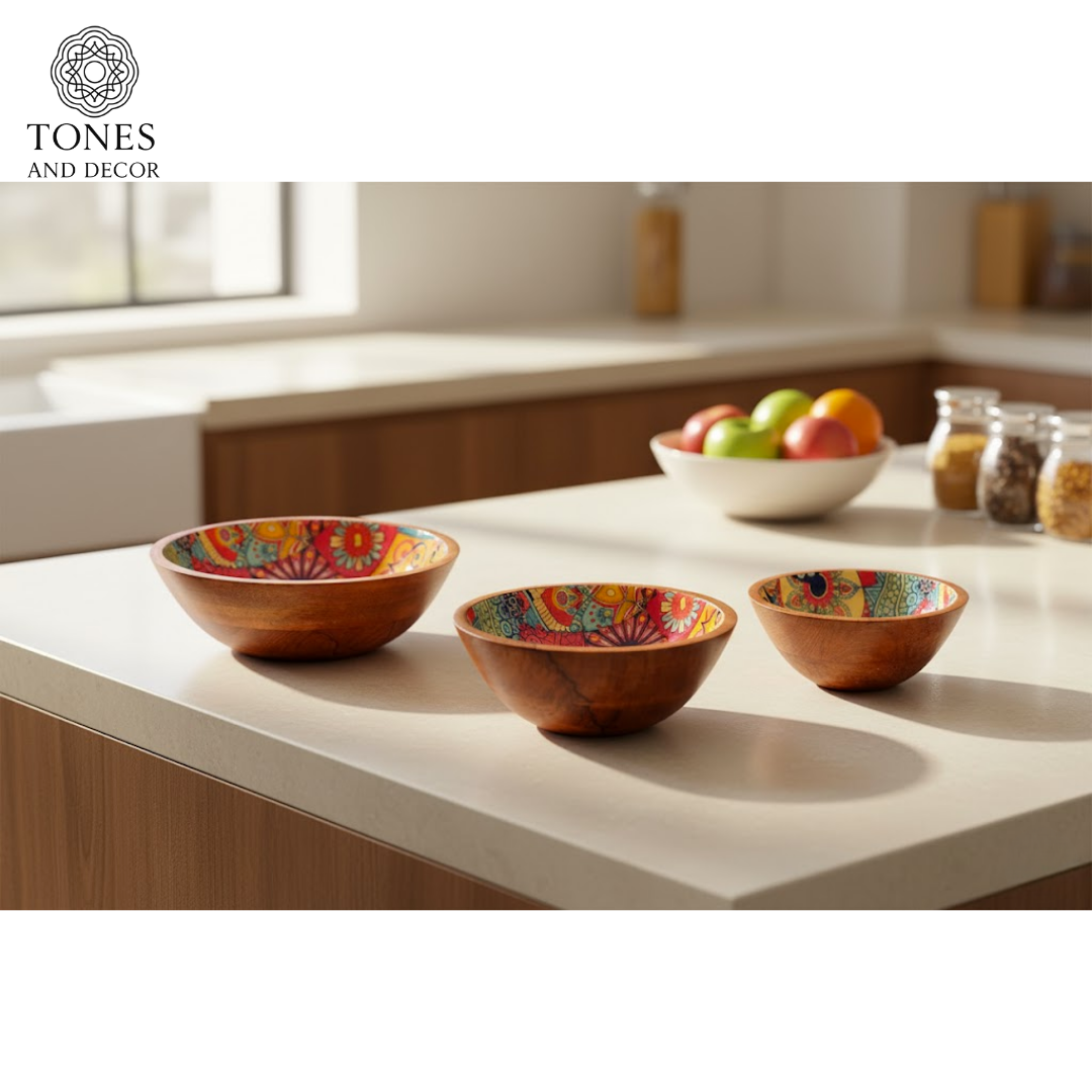 Handcrafted Mango Wood Bowl Set with Multicolor Mosaic Ceramic Inlay (8”, 7”, 6”) | Food-Safe & Decorative