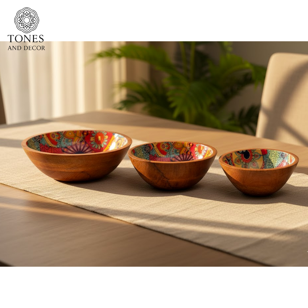 Handcrafted Mango Wood Bowl Set with Multicolor Mosaic Ceramic Inlay (8”, 7”, 6”) | Food-Safe & Decorative