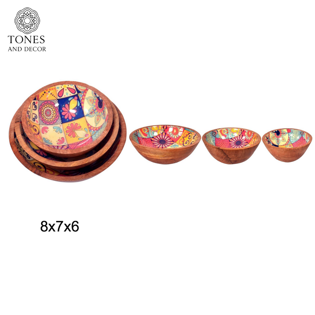 Handcrafted Mango Wood Bowl Set with Multicolor Mosaic Ceramic Inlay (8”, 7”, 6”) | Food-Safe & Decorative