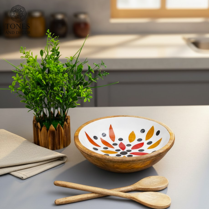 Handcrafted Mango Wood Bowl with Abstract Ceramic Interior – 25 cm | Food-Safe, Eco-Friendly & Decorative