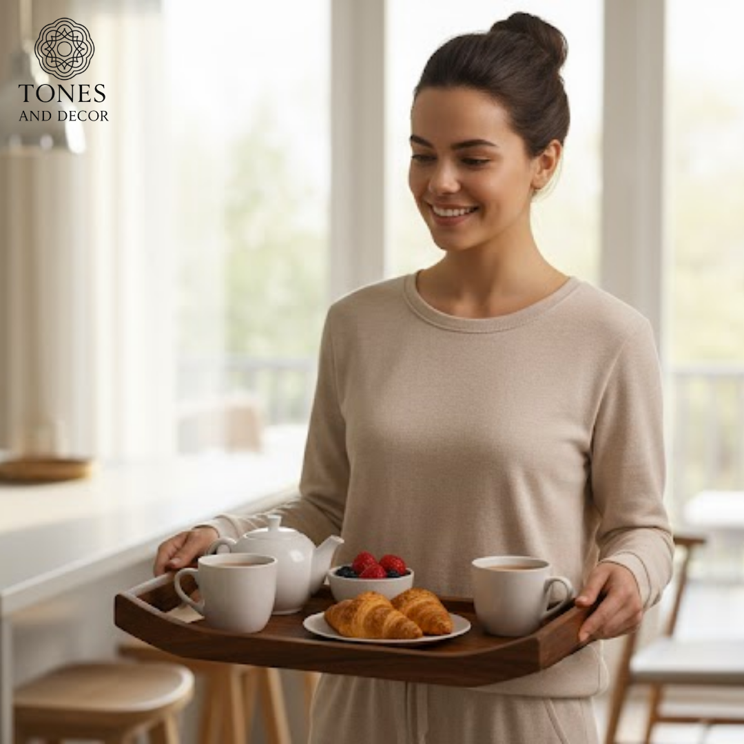 Premium Rectangular Mango Wood Serving Tray with Raised Handles