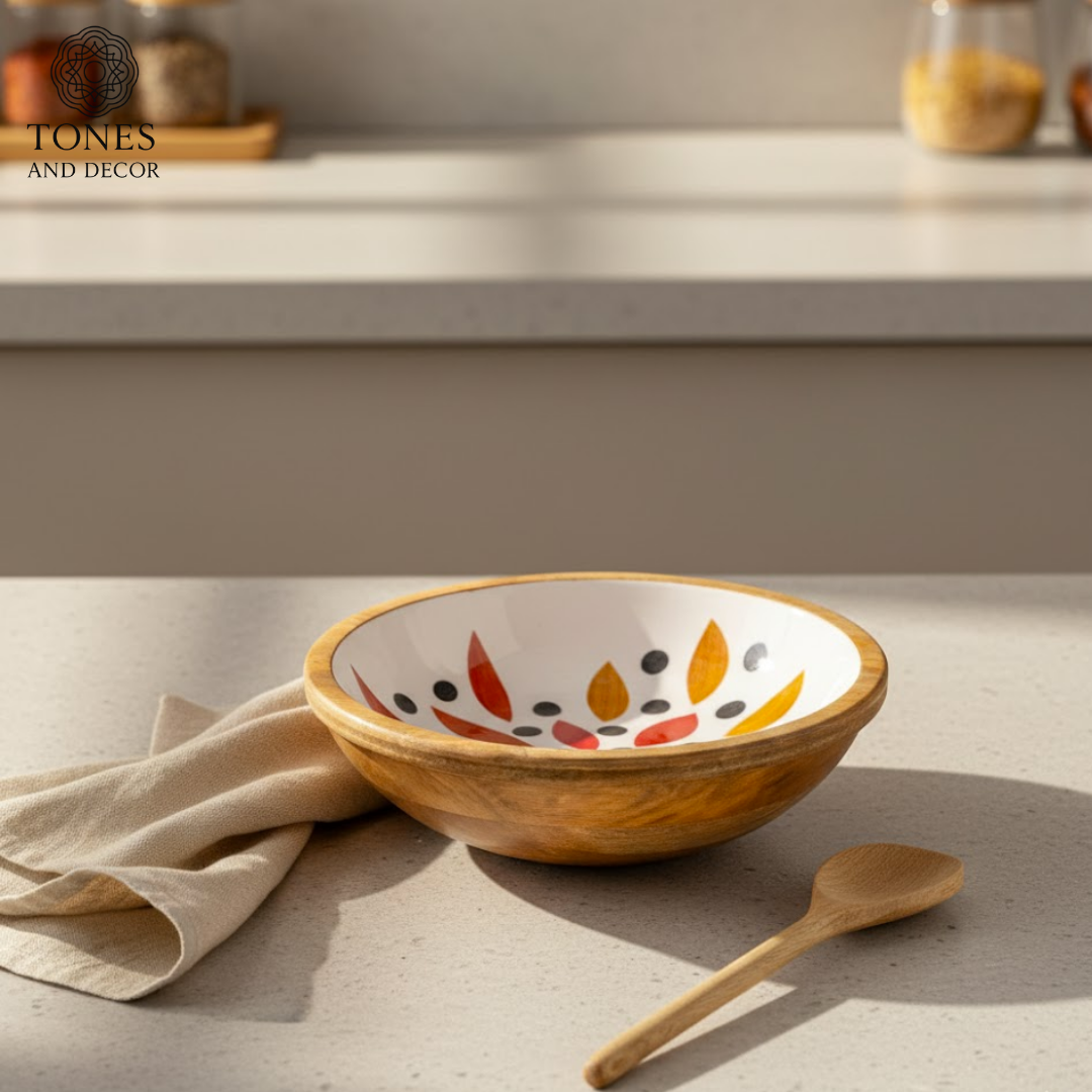 Handcrafted Mango Wood Bowl with Abstract Ceramic Interior – 25 cm | Food-Safe, Eco-Friendly & Decorative