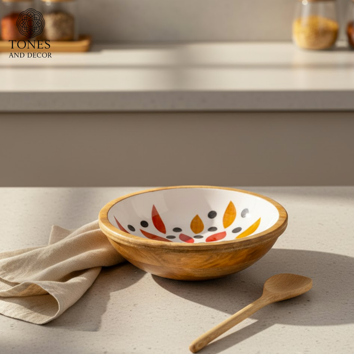 Handcrafted Mango Wood Bowl with Abstract Ceramic Interior – 25 cm | Food-Safe, Eco-Friendly & Decorative