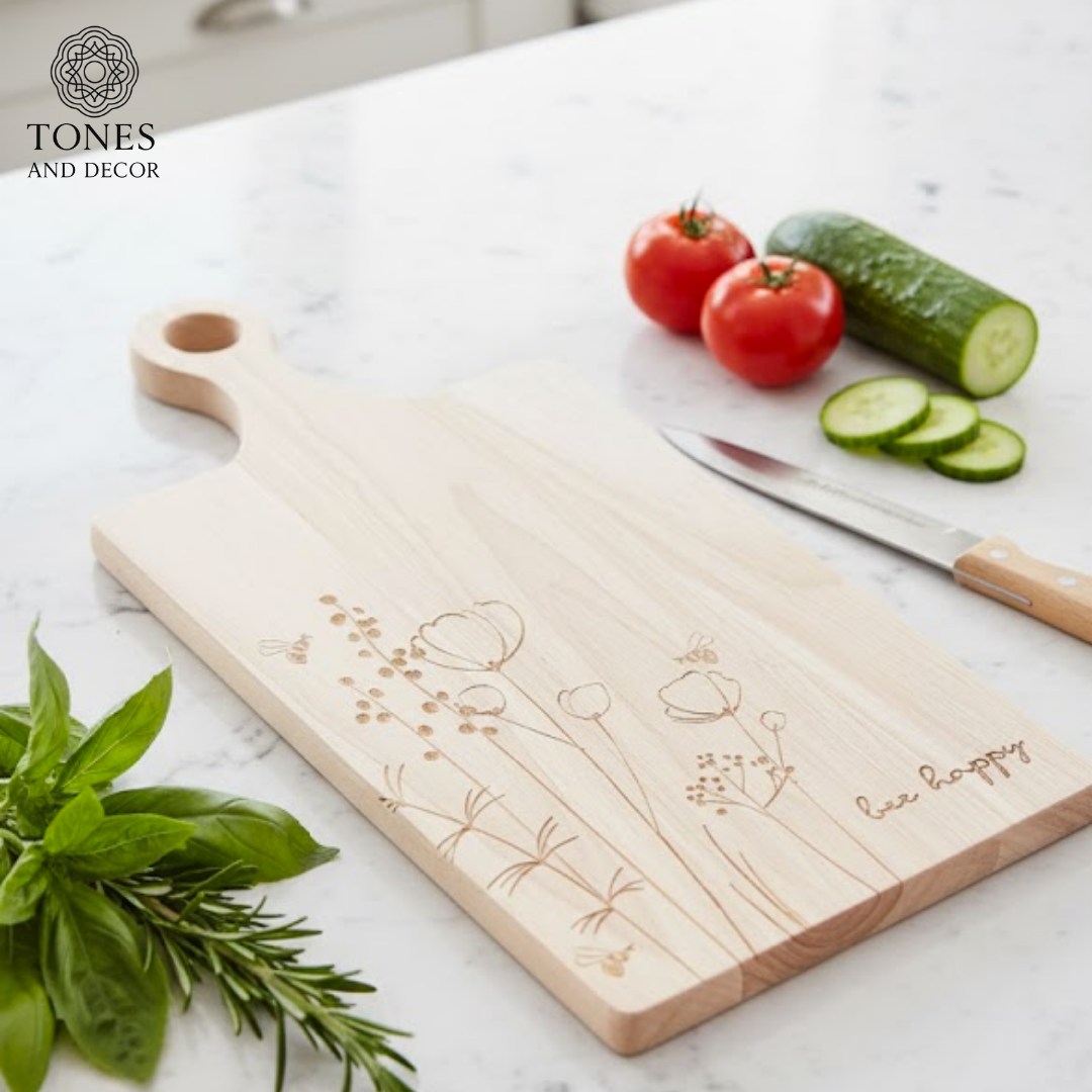 Floral Engraved Wooden Chopping & Serving Board – “Bee Happy” Design