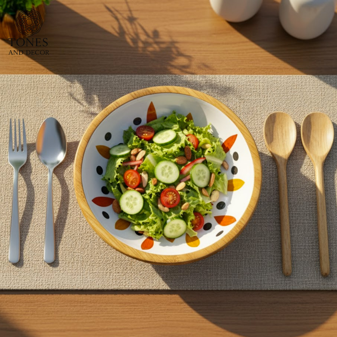 Handcrafted Mango Wood Bowl with Abstract Ceramic Interior – 25 cm | Food-Safe, Eco-Friendly & Decorative