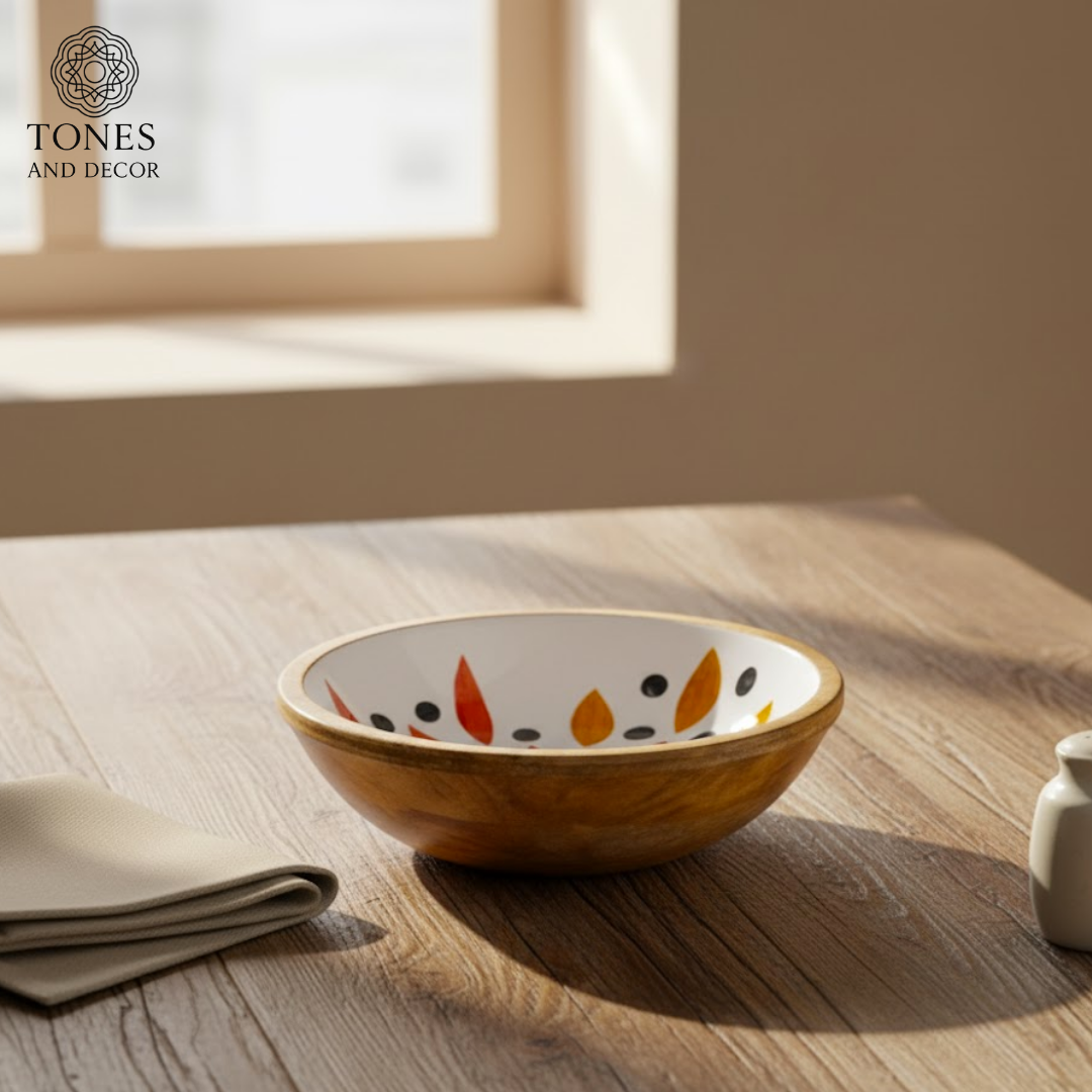 Handcrafted Mango Wood Bowl with Abstract Ceramic Interior – 25 cm | Food-Safe, Eco-Friendly & Decorative