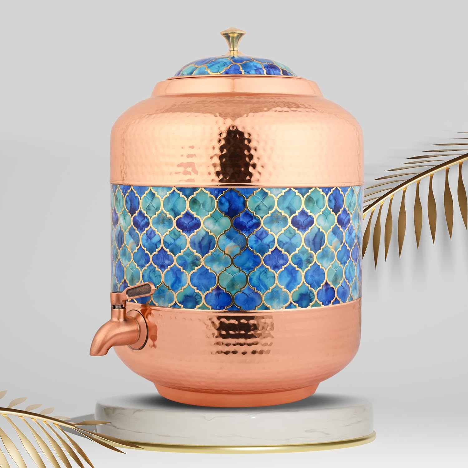 Copper Water Dispenser Royal Blue Hammer Carved Design – 11Ltr