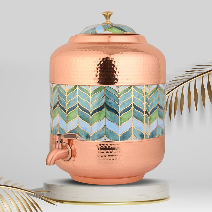 Copper Water Dispenser Royal Green Leaf Design & Hammer Carved – 11Ltr