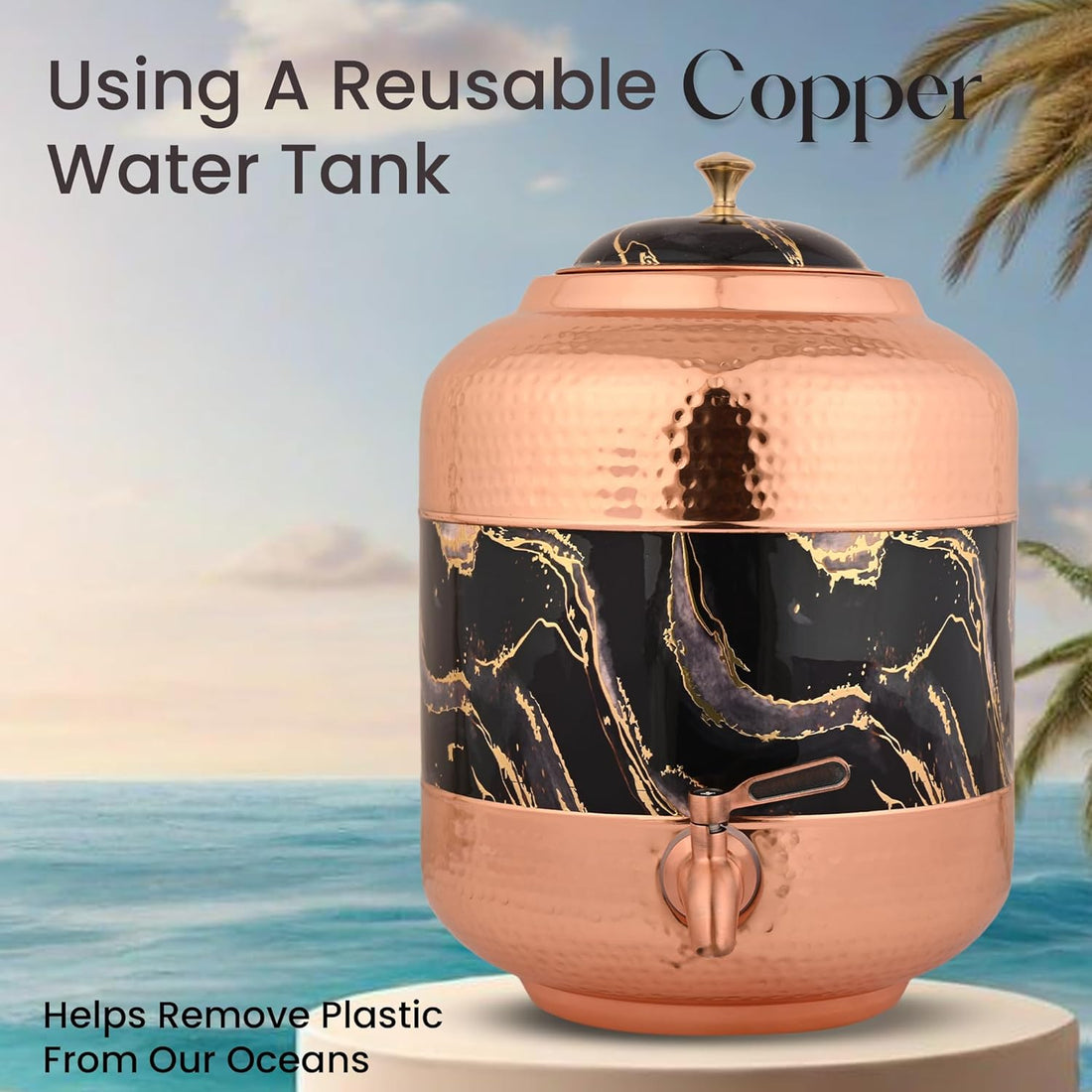 Pure Copper Water Dispenser With Royal Black Hammer Carved Design – 11Ltr