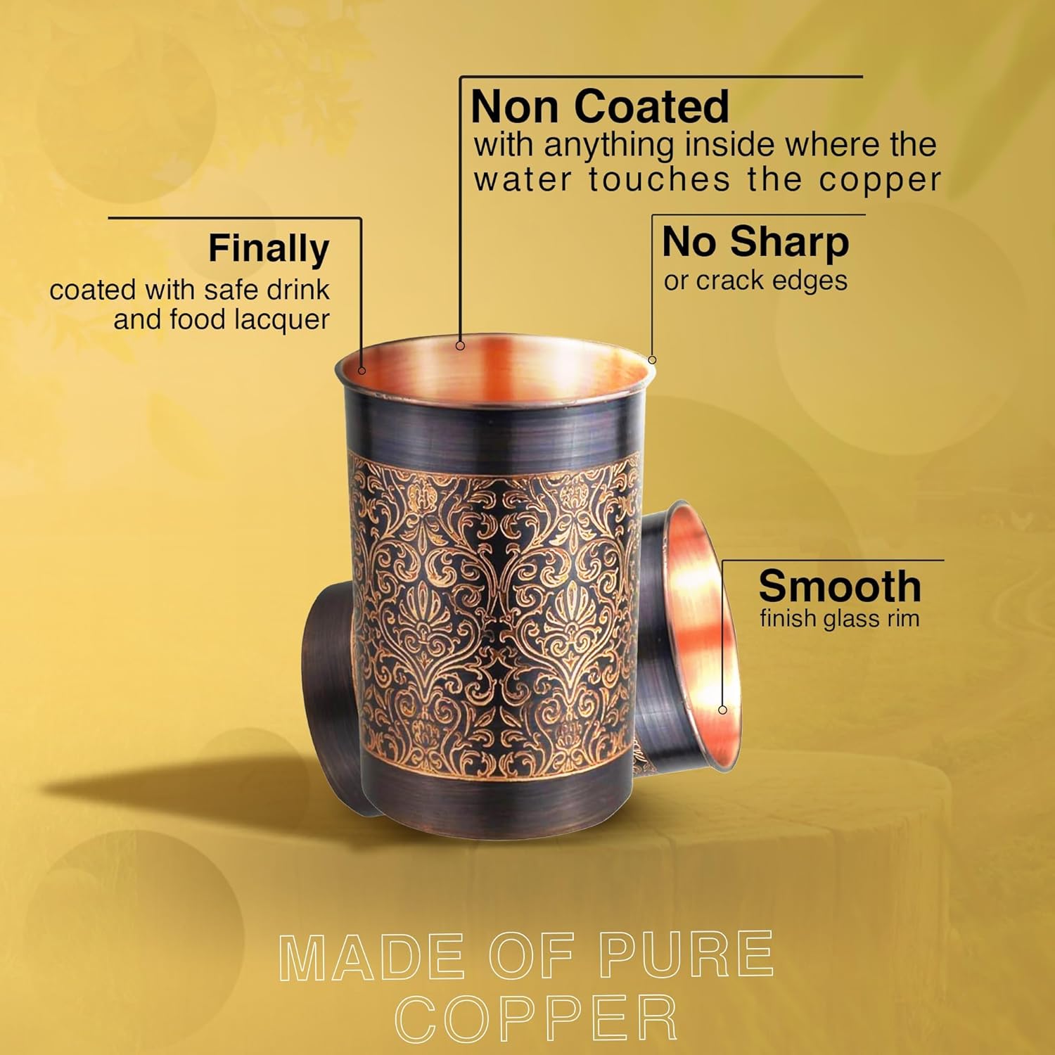 India Premium Copper Water Glass – Handcrafted Carving Design