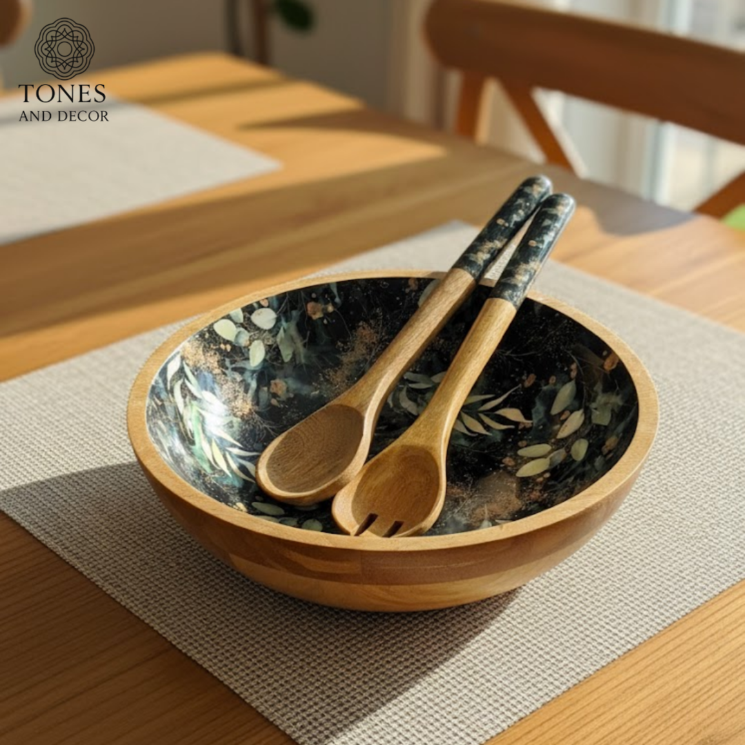 Premium Mango Wood Salad Bowl Set with Black Botanical Ceramic Interior & Matching Servers | 100% Food-Safe