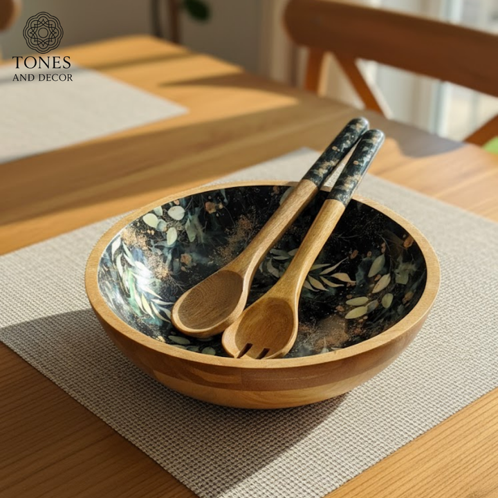 Premium Mango Wood Salad Bowl Set with Black Botanical Ceramic Interior & Matching Servers | 100% Food-Safe