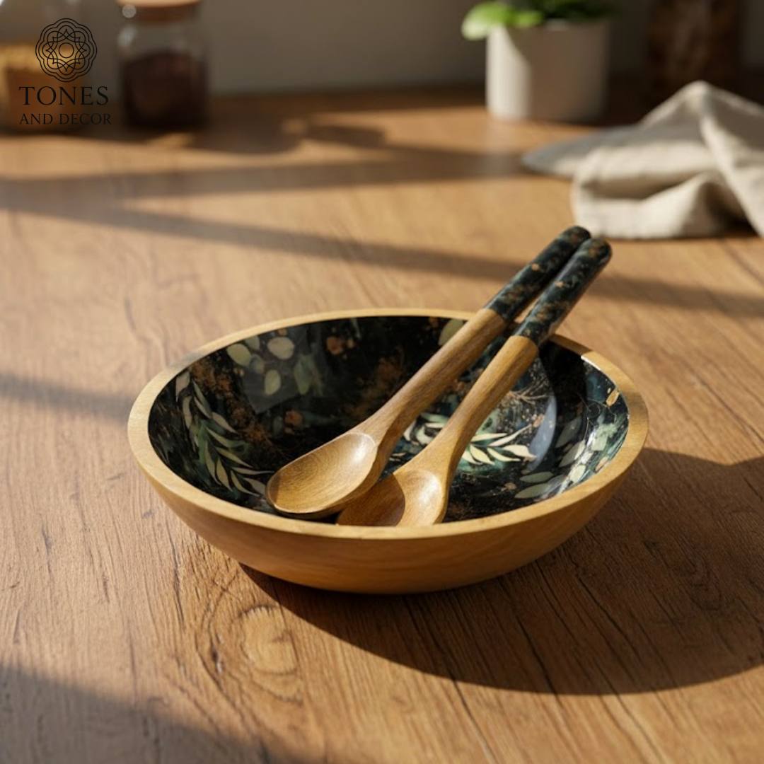 Premium Mango Wood Salad Bowl Set with Black Botanical Ceramic Interior & Matching Servers | 100% Food-Safe