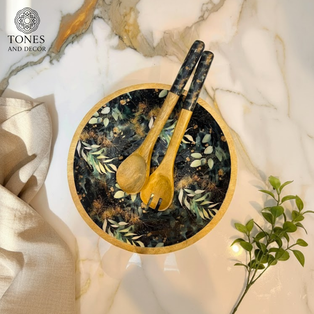 Premium Mango Wood Salad Bowl Set with Black Botanical Ceramic Interior & Matching Servers | 100% Food-Safe