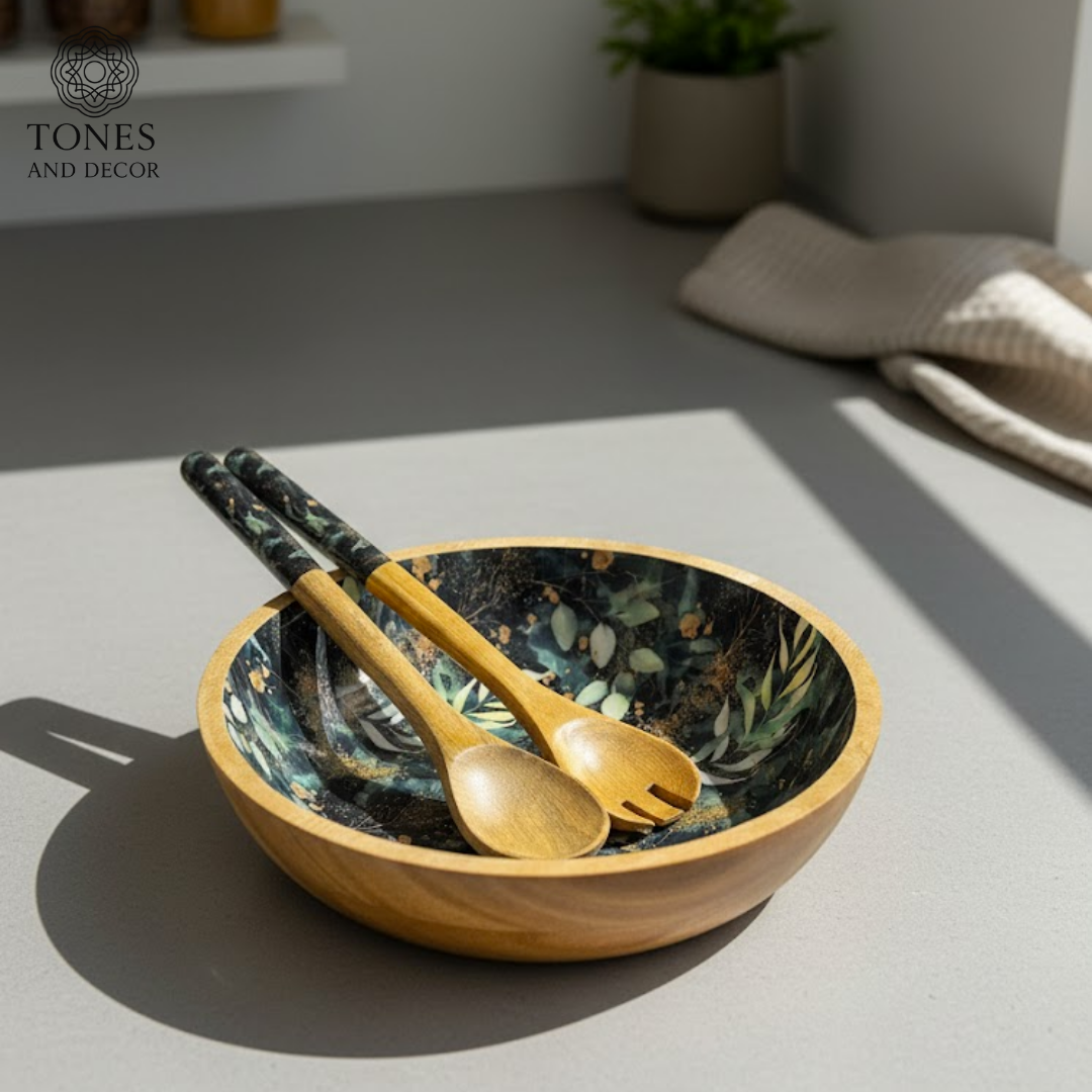 Premium Mango Wood Salad Bowl Set with Black Botanical Ceramic Interior & Matching Servers | 100% Food-Safe