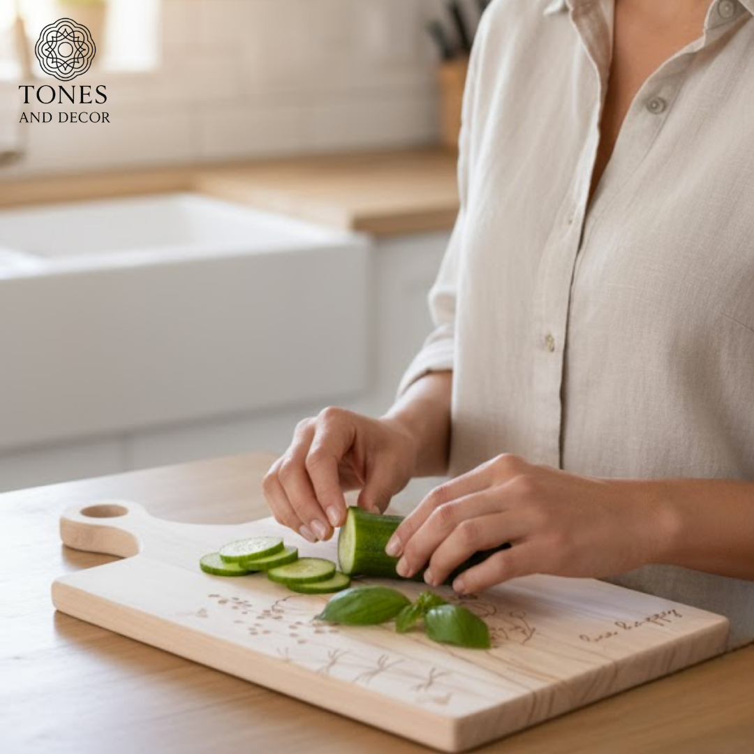 Floral Engraved Wooden Chopping & Serving Board – “Bee Happy” Design
