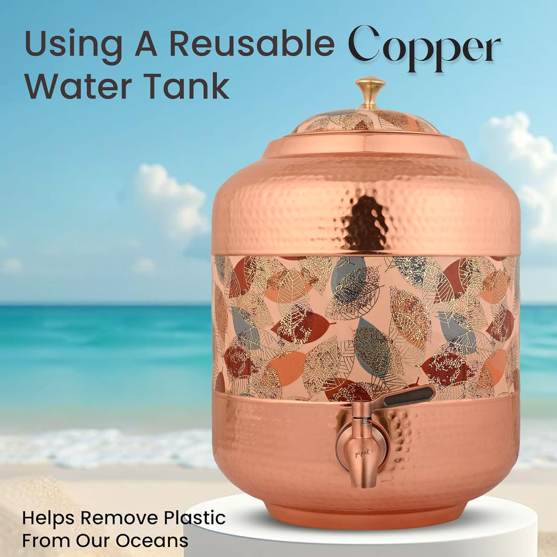 Copper Water Dispenser With Yellow & Gold Hammer Carved Design – 11Ltr