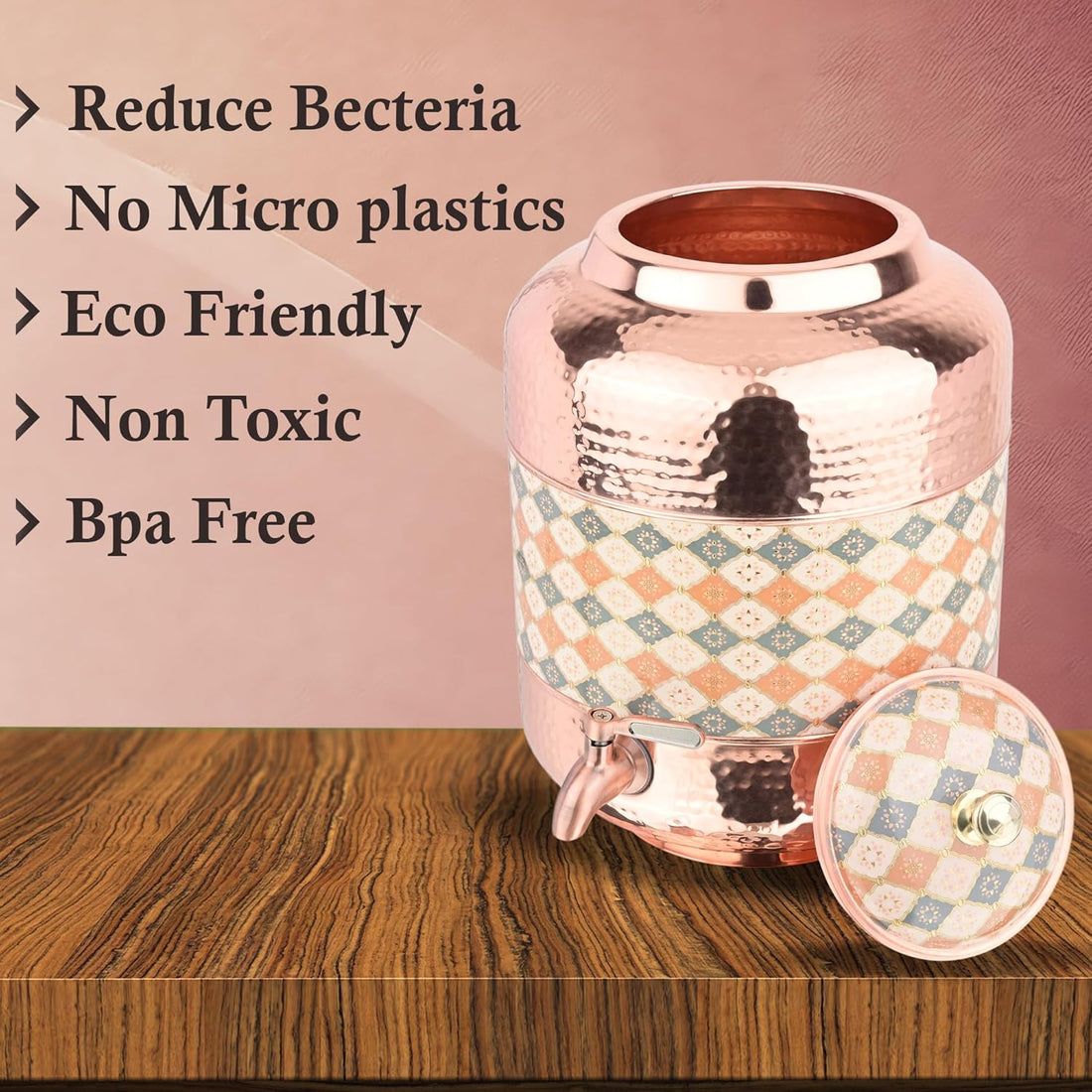 Ayurvedic Pure Copper Matka With Elegant Hammered Ethnic Design 11Ltr