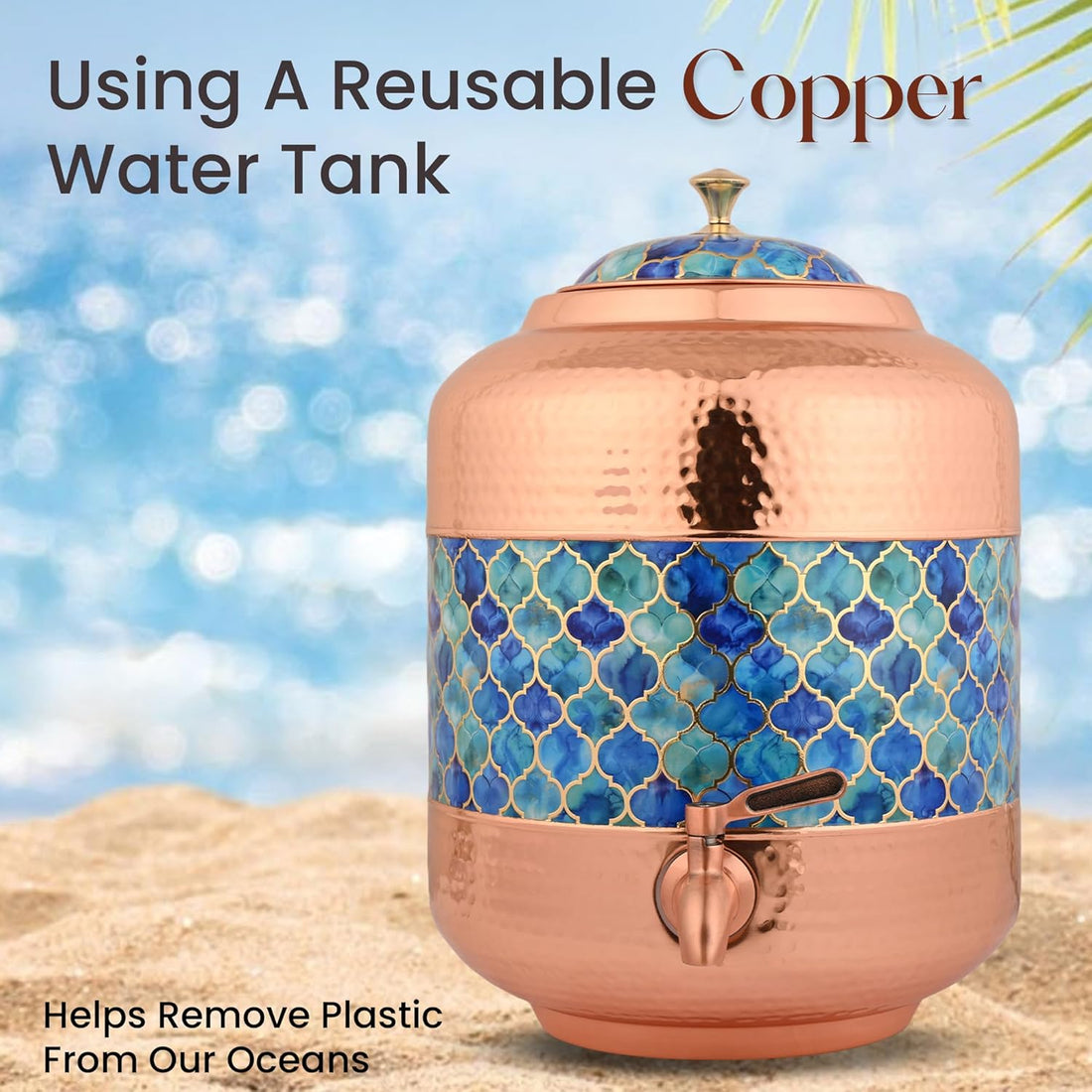 Copper Water Dispenser Royal Blue Hammer Carved Design – 11Ltr