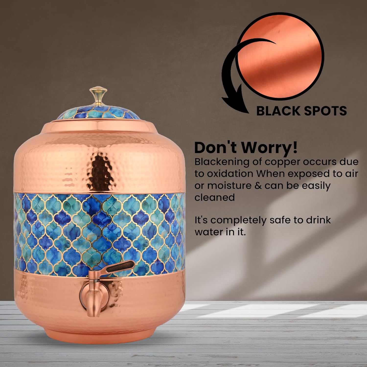 Copper Water Dispenser Royal Blue Hammer Carved Design – 11Ltr