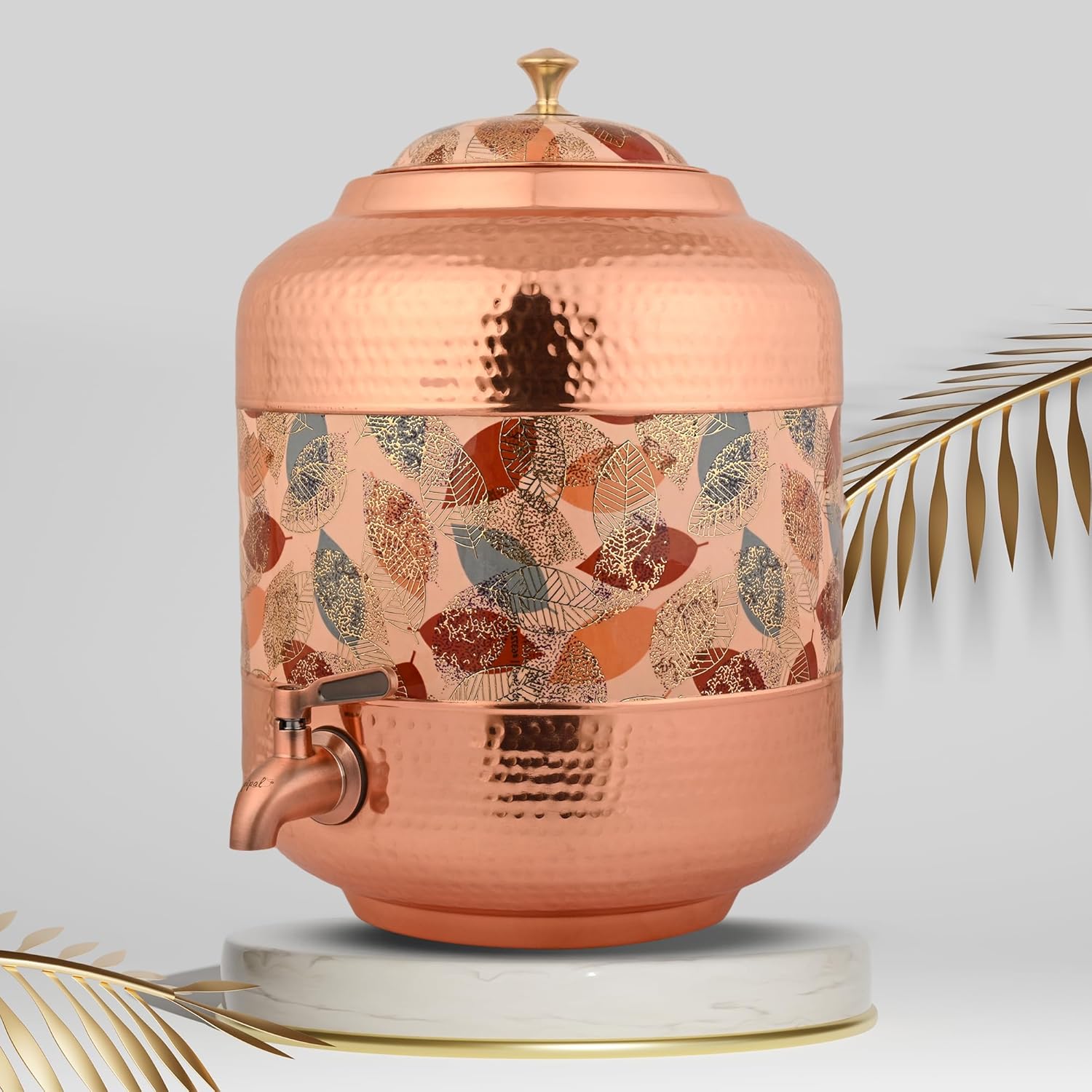 Copper Water Dispenser With Yellow & Gold Hammer Carved Design – 11Ltr